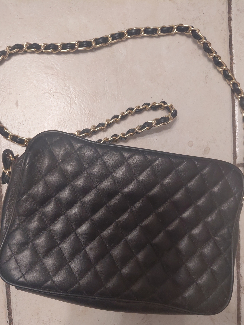 Black Vegan Quilted Crossbody Shoulder Bag with Gold Chain